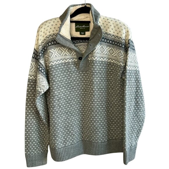 Eddie Bauer Men's Gray Fair Isle Chunky Knit Sherpa Lined Henley Sweater Size L - Picture 1 of 8